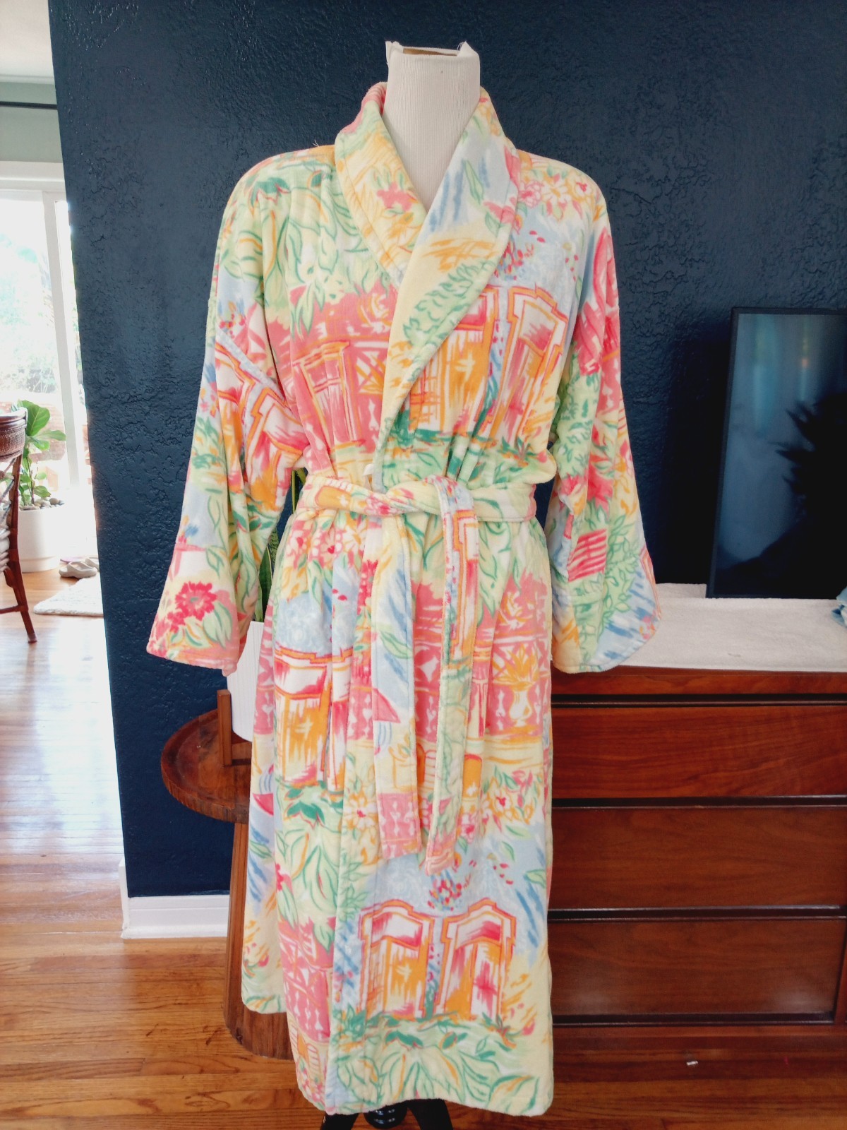 Vtg 80s 90s Cypress Thick Cotton Terry Bath Robe M Tropical Floral Colorful