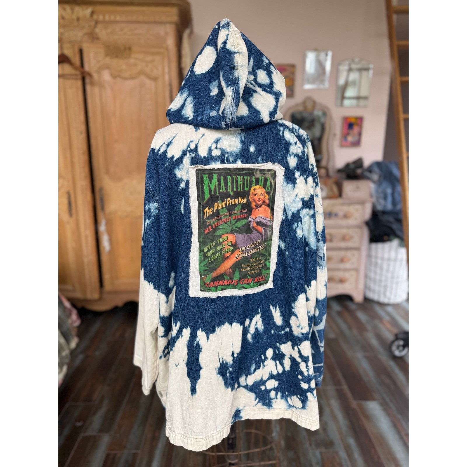 Vintage Marijuana Propaganda Hooded Denim Utility Coat XL XXL Oversized