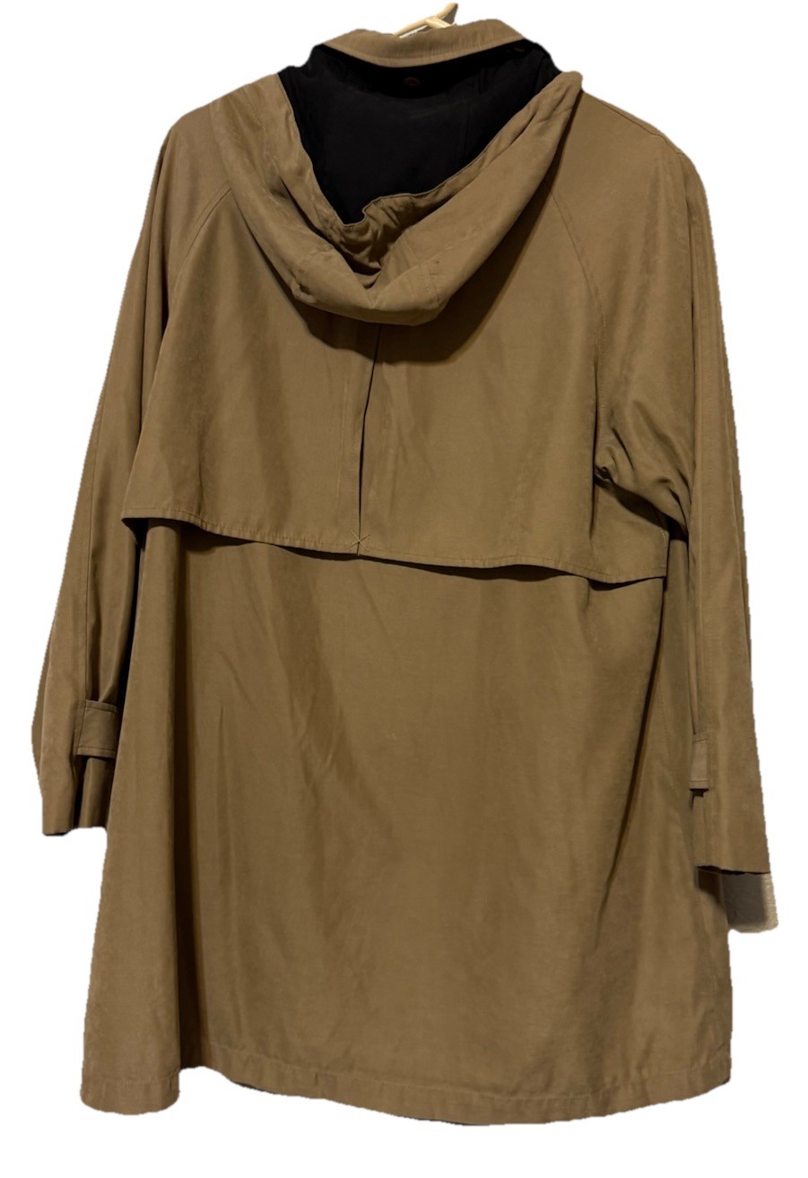 Vintage Women’s Khaki Trench Coat Button Up Vented Zip Pockets Hooded NO Liner