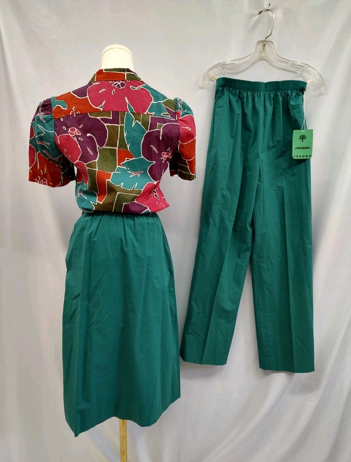 70’s John Meyer Leisure Set Outfit Pants Skirt Top Blouse Retro Floral Green 6/8