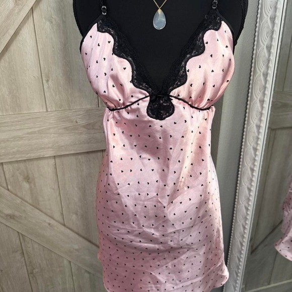 Y2K Pink Heart Slip Dress Lingerie with Black Lace – Large