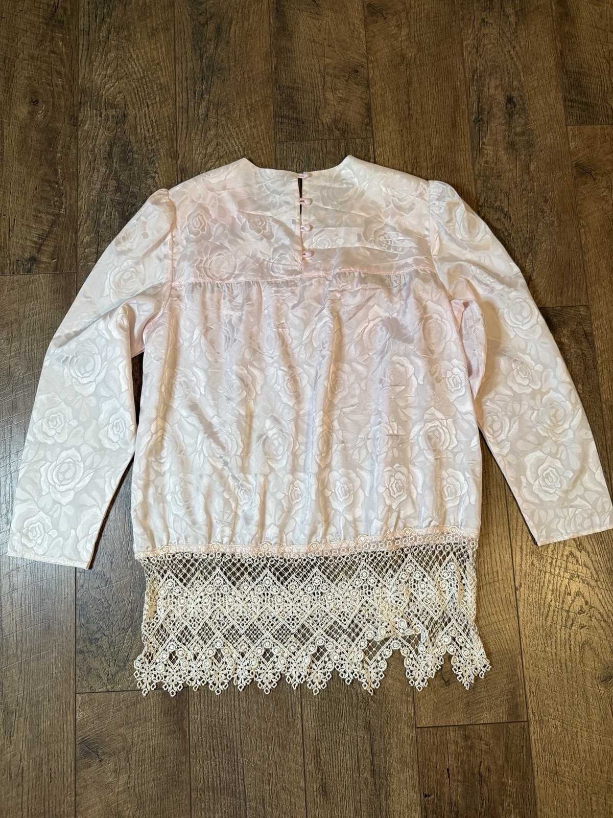 Vintage Satin Floral Pink Edwardian Lace Long Sleeve Blouse Sz 18 (XL)
