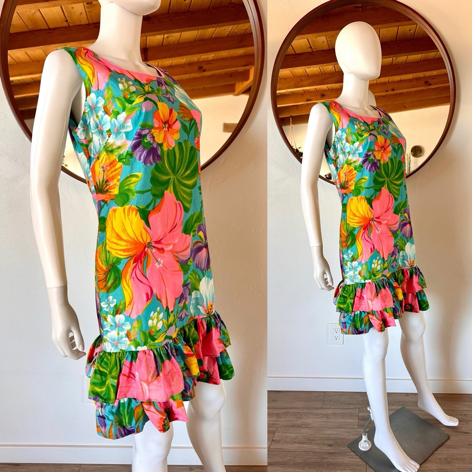 Vintage South Seas Hawaiian Colorful Tropical Floral Summer Dress Fits S-S/M