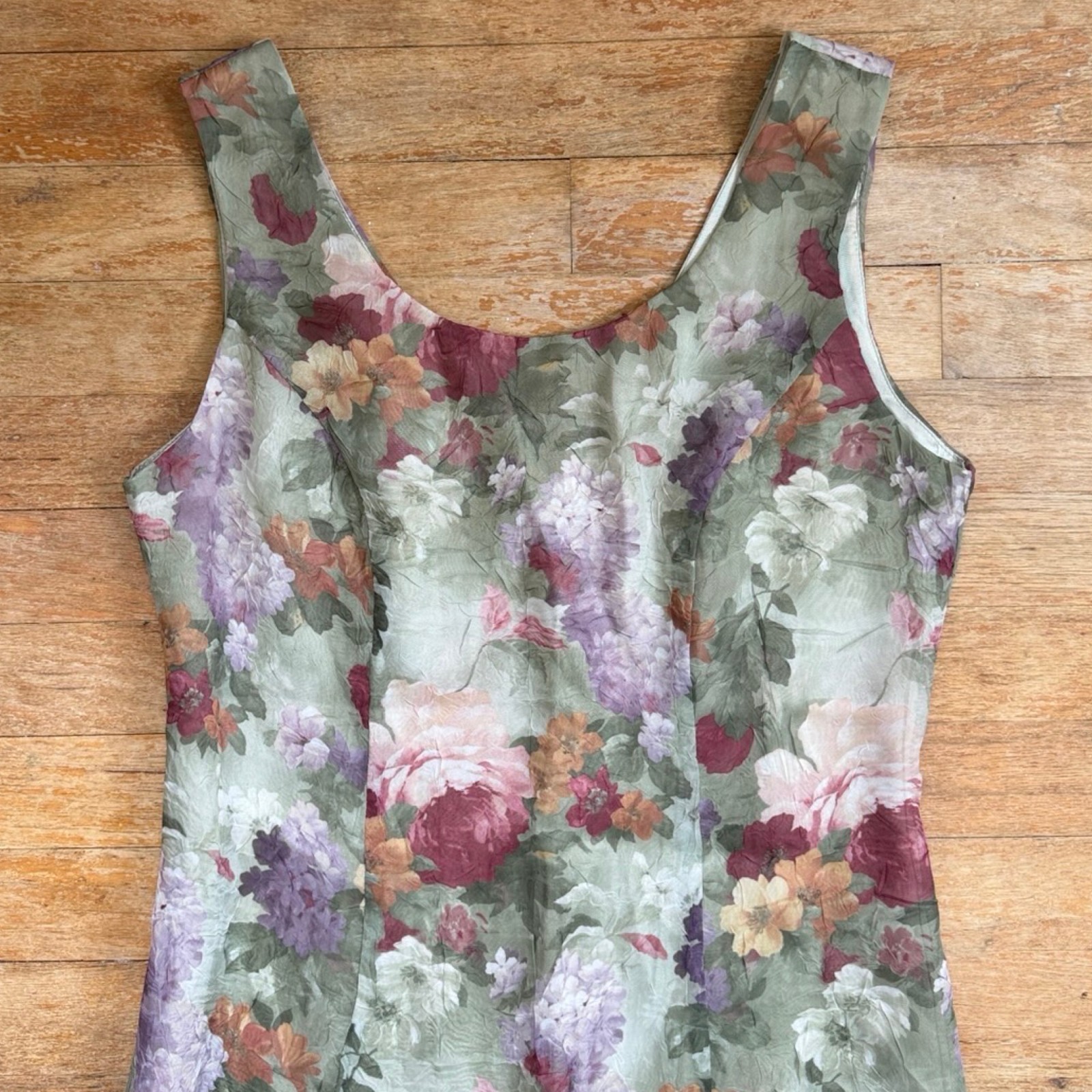 Vintage Floral Print Maxi Dress Size Small Sleeveless Crinkled Botanical Garden