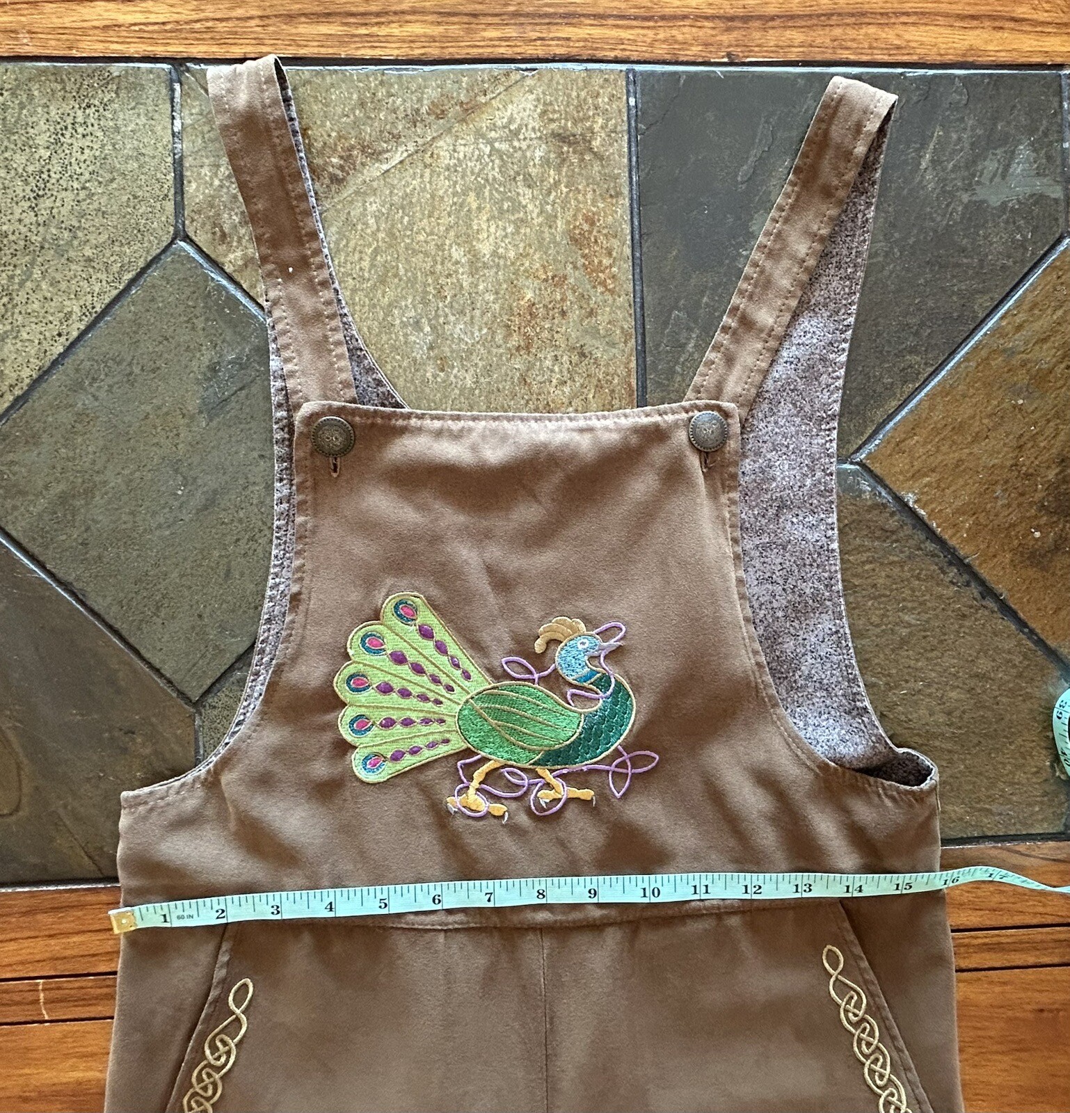 Vintage PEACOCK Embroidered Unique Handmade Bib Overall Boho Pants XS 28” Inseam