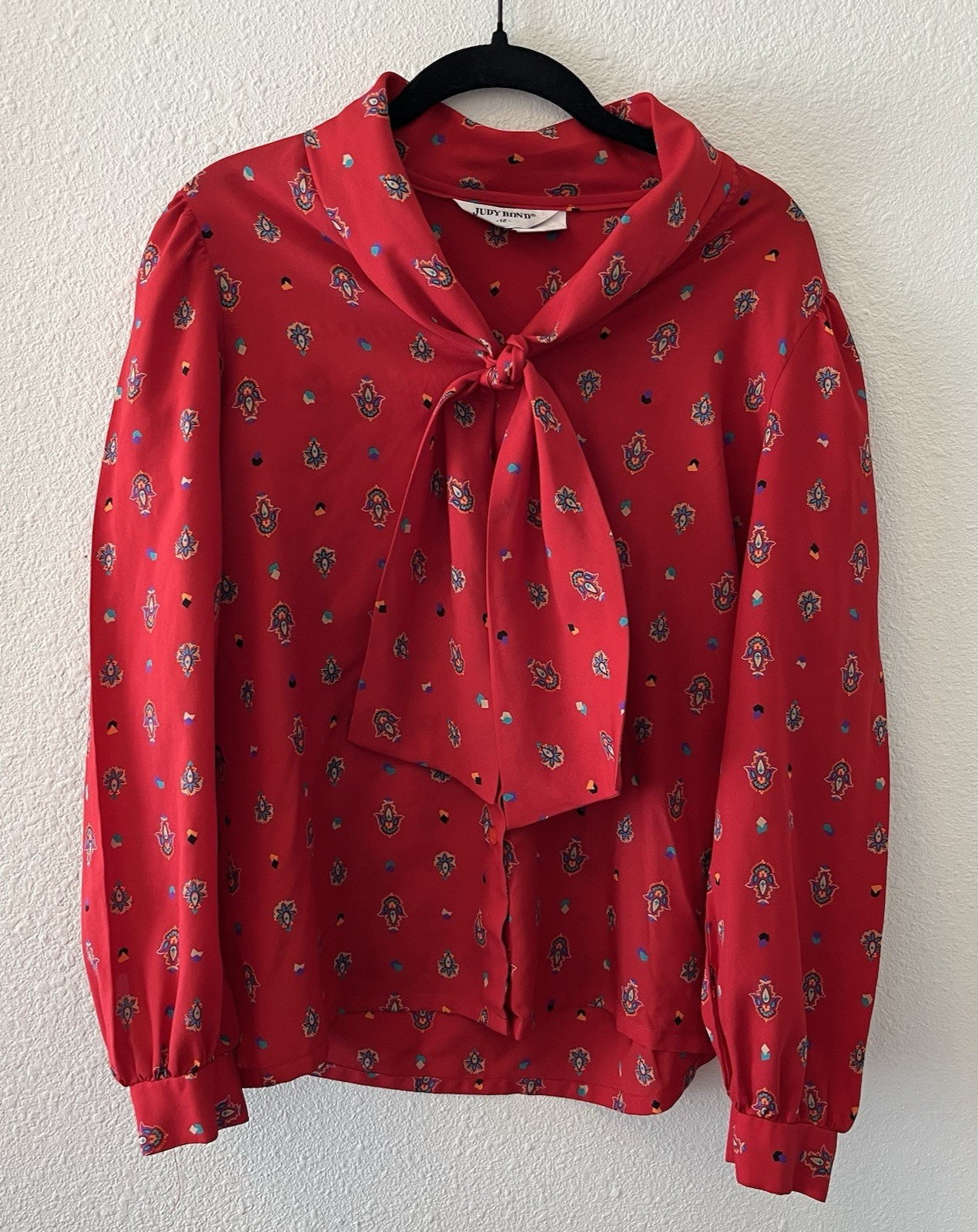 Vintage Judy Bond Blouse Top Size 12 Red Print Bow Collar 70s 80s Secretary Geek