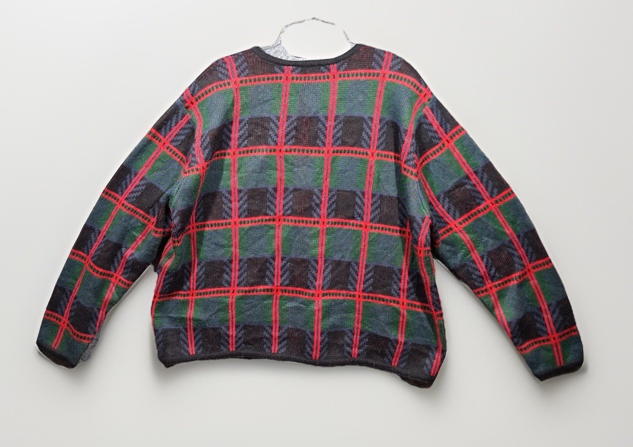 Vintage Plaid Chevron Knit Cardigan Sweater XL Red Green Gold Button Pockets