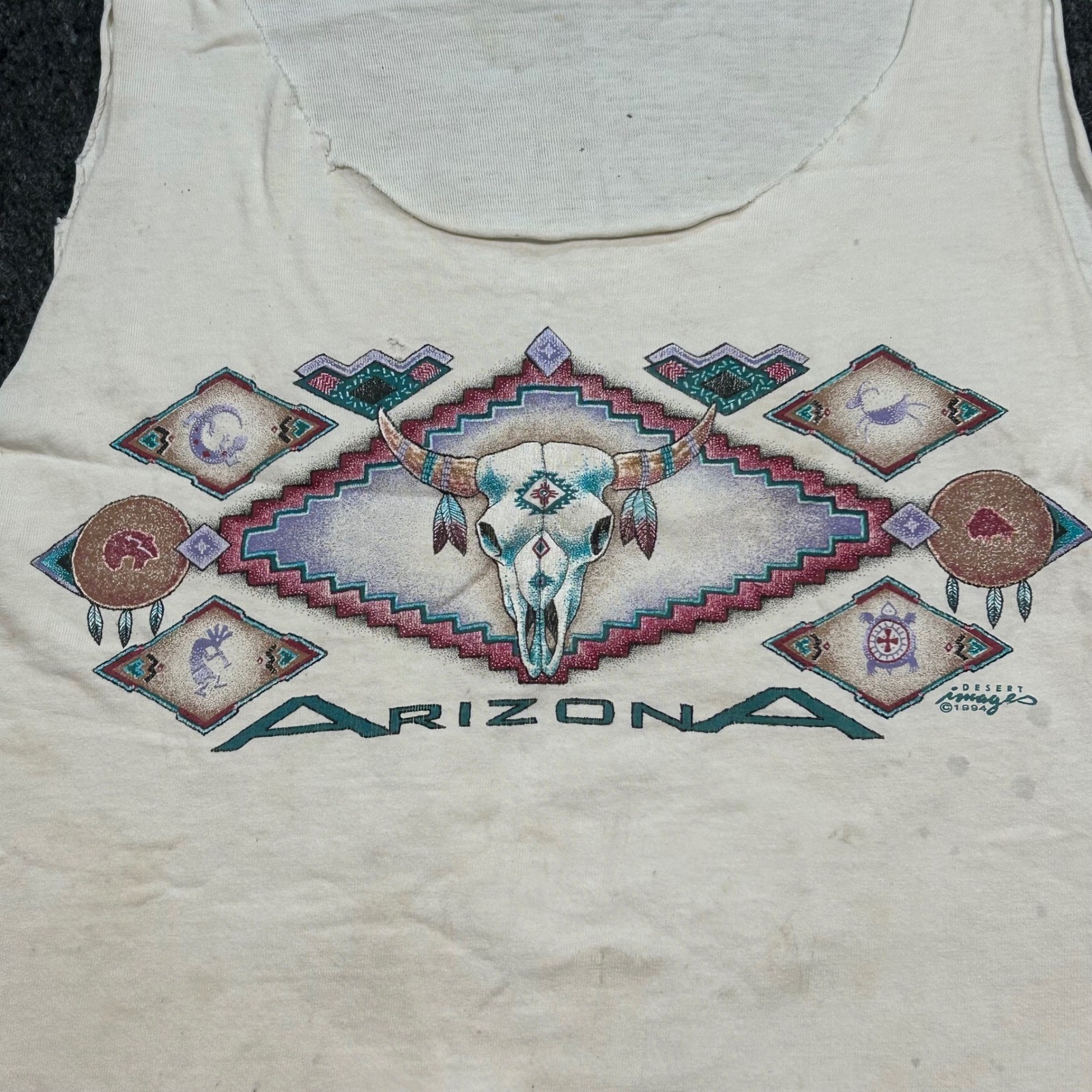 Arizona Desert Tank Top Sz L Womens White Grunge 94 VTG Bull Skull Crop Thrashed