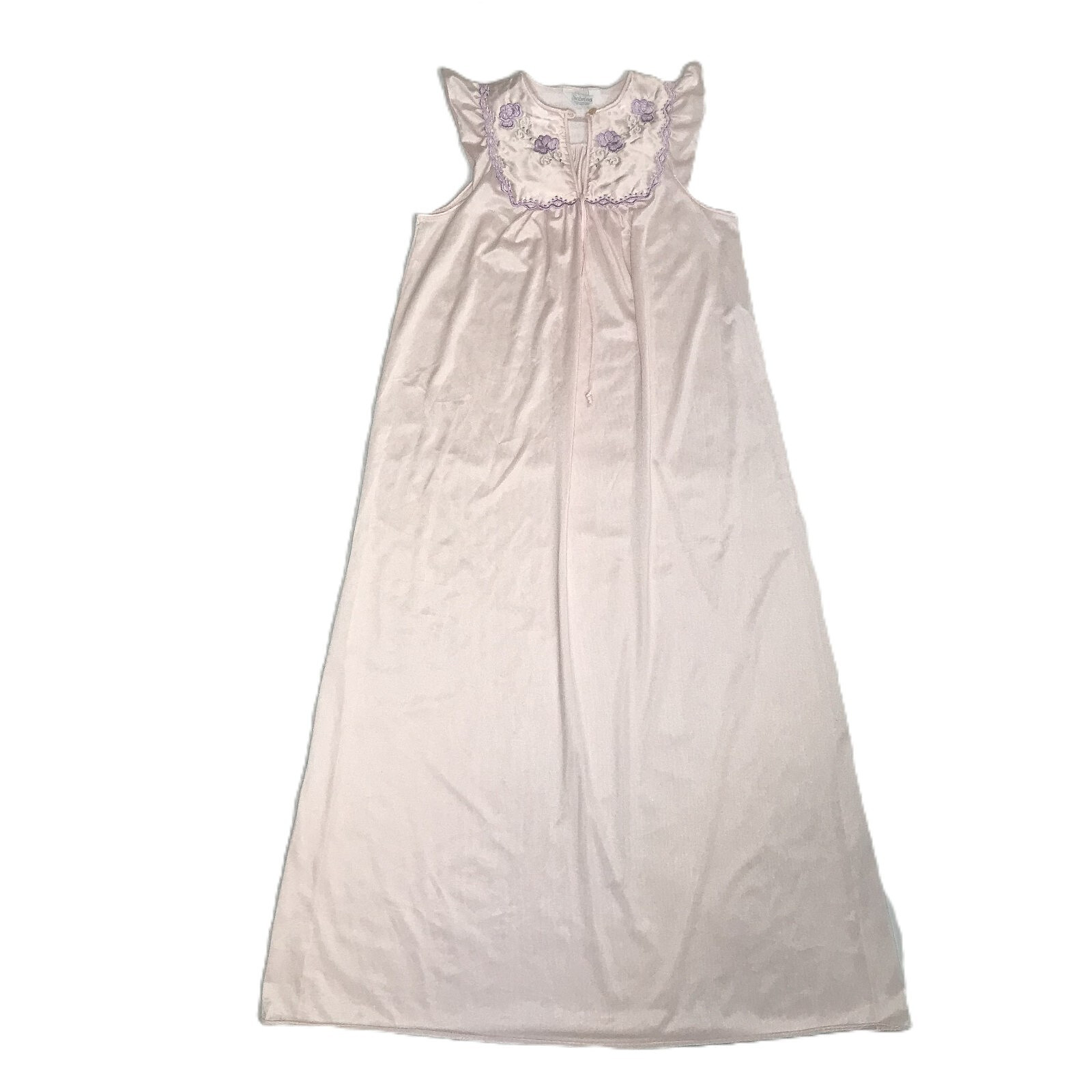 Vintage Sabrina By Mervyn’s Long Pink Nylon Night Gown w/ Embroidered Flowers