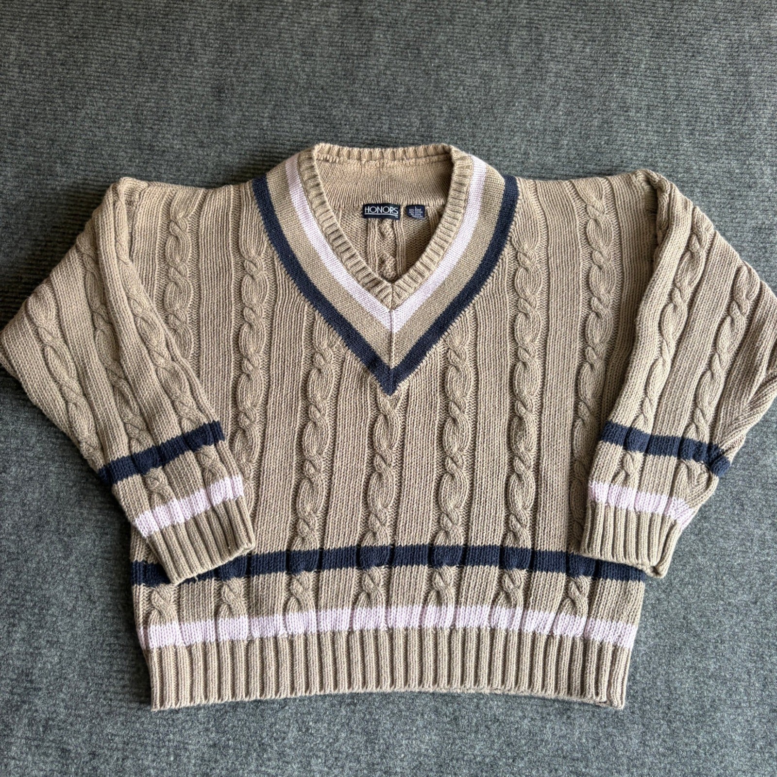 Vintage Honors Women Large Tan Cable Knit V-Neck Striped Ramie Cotton Sweater