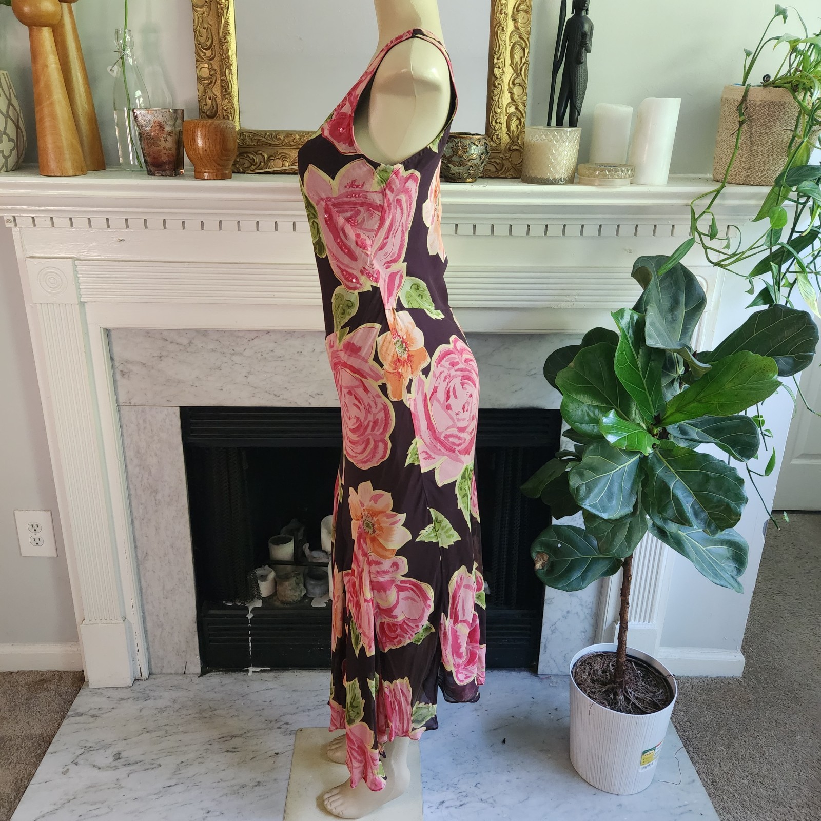 Vintage Y2K Brown Floral Tank Dress Pink Maxi Sequin Romantic Boho Size Large