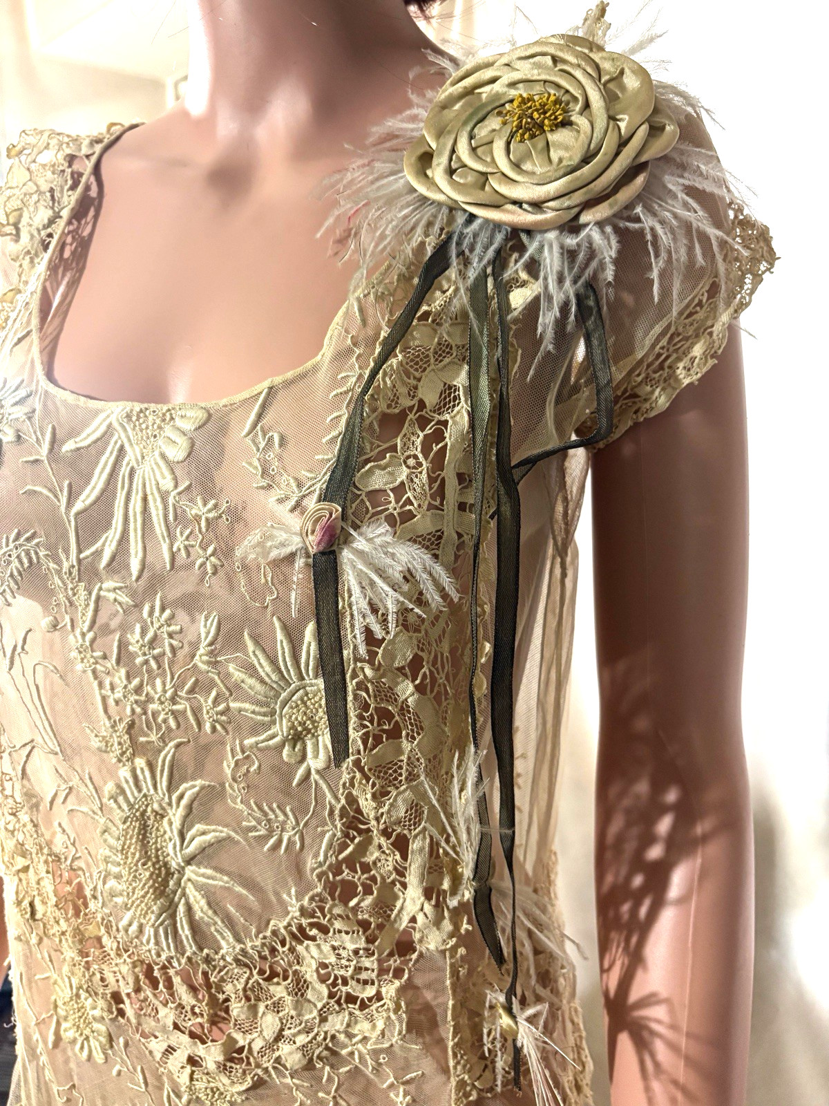 Antique 1920s Tulle Robe de Style Dress, lace embroidery, M