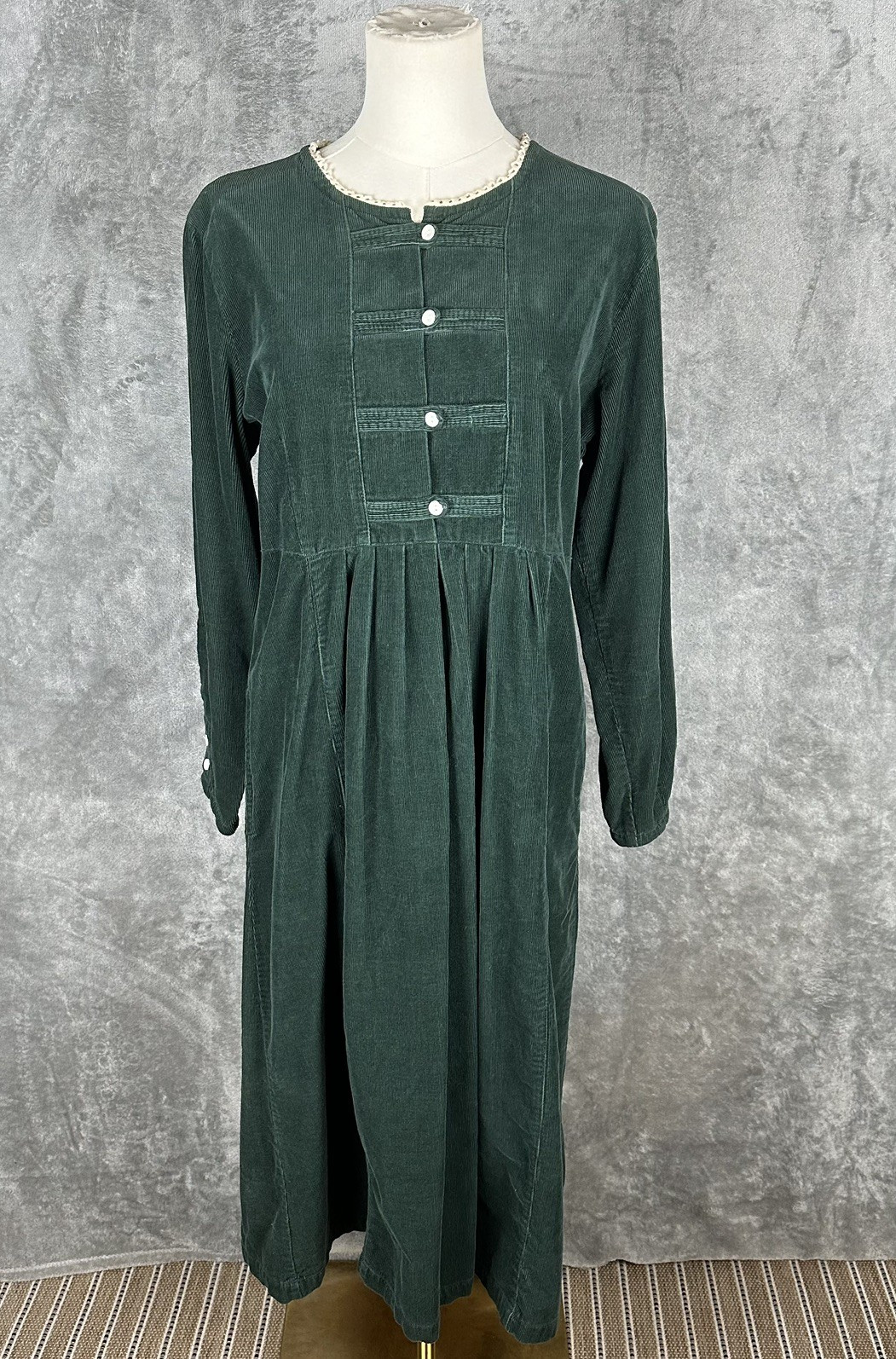Vintage Corduroy Green Midi 10P Dress Renaissance Festival Prairie Boho Cottage
