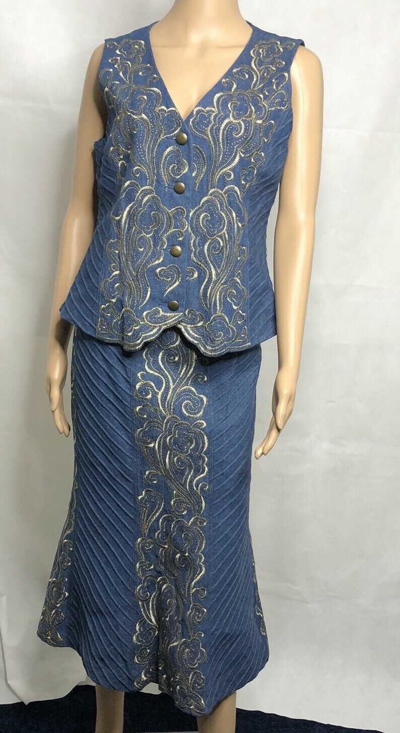 Vintage J Song Denim Vest and Skirt Size S Embroidered Gold Rodeo Country Chic