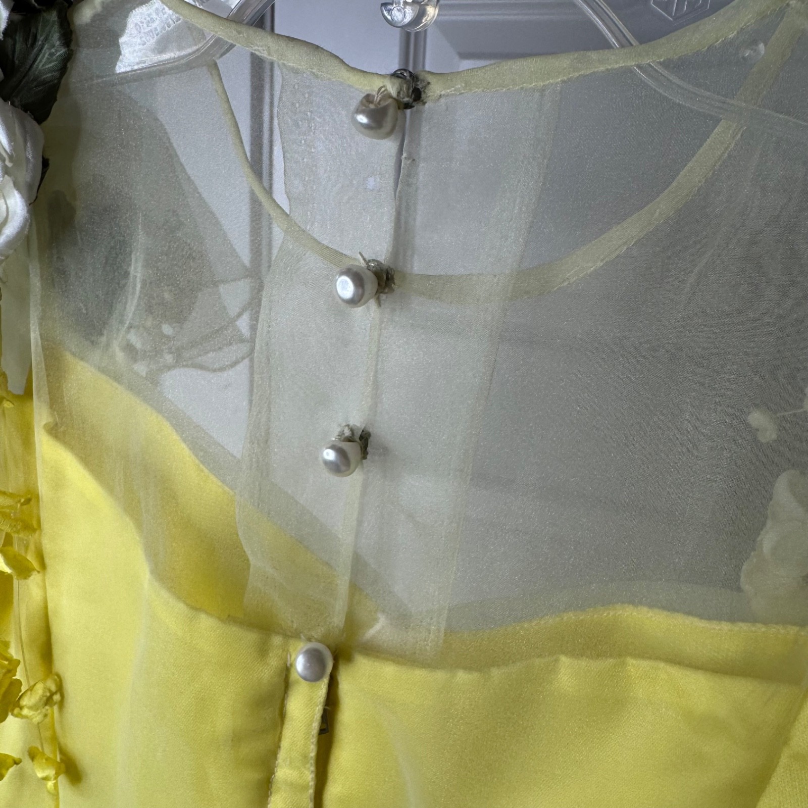 VTG 50s Tulle Gown Prom Dress Yellow Cupcake Illusion Neckline Cotillion XS