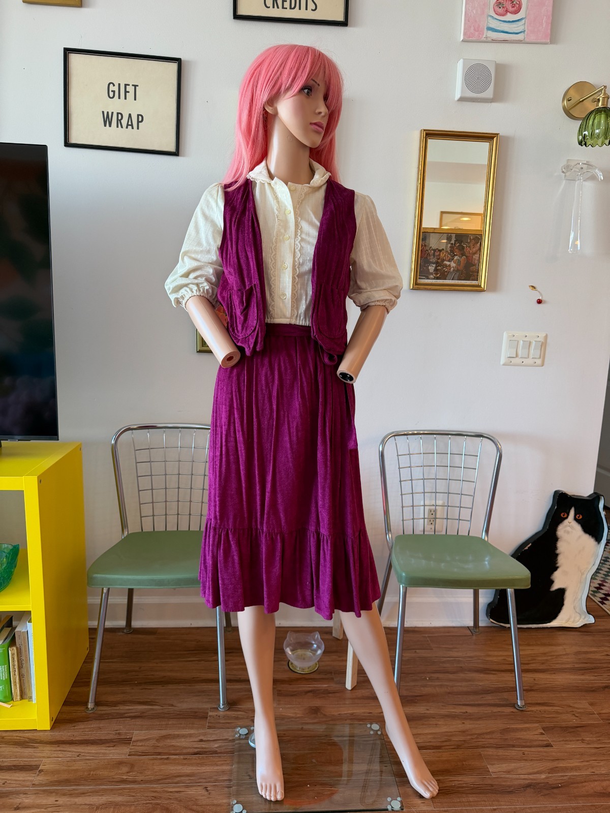 🍷 Vtg 70s Faux Suede Plum Vest Skirt Set Sheer Lace Blouse 3pc M Dress