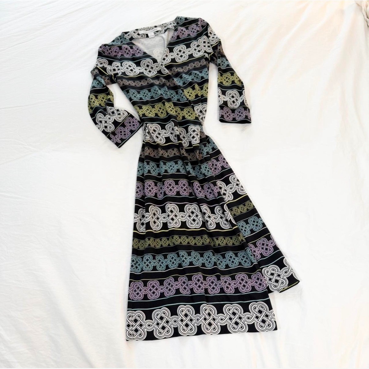 Diane Von Furstenberg DVF Silk Wrap Dress Knot Print Black Multi Size 0