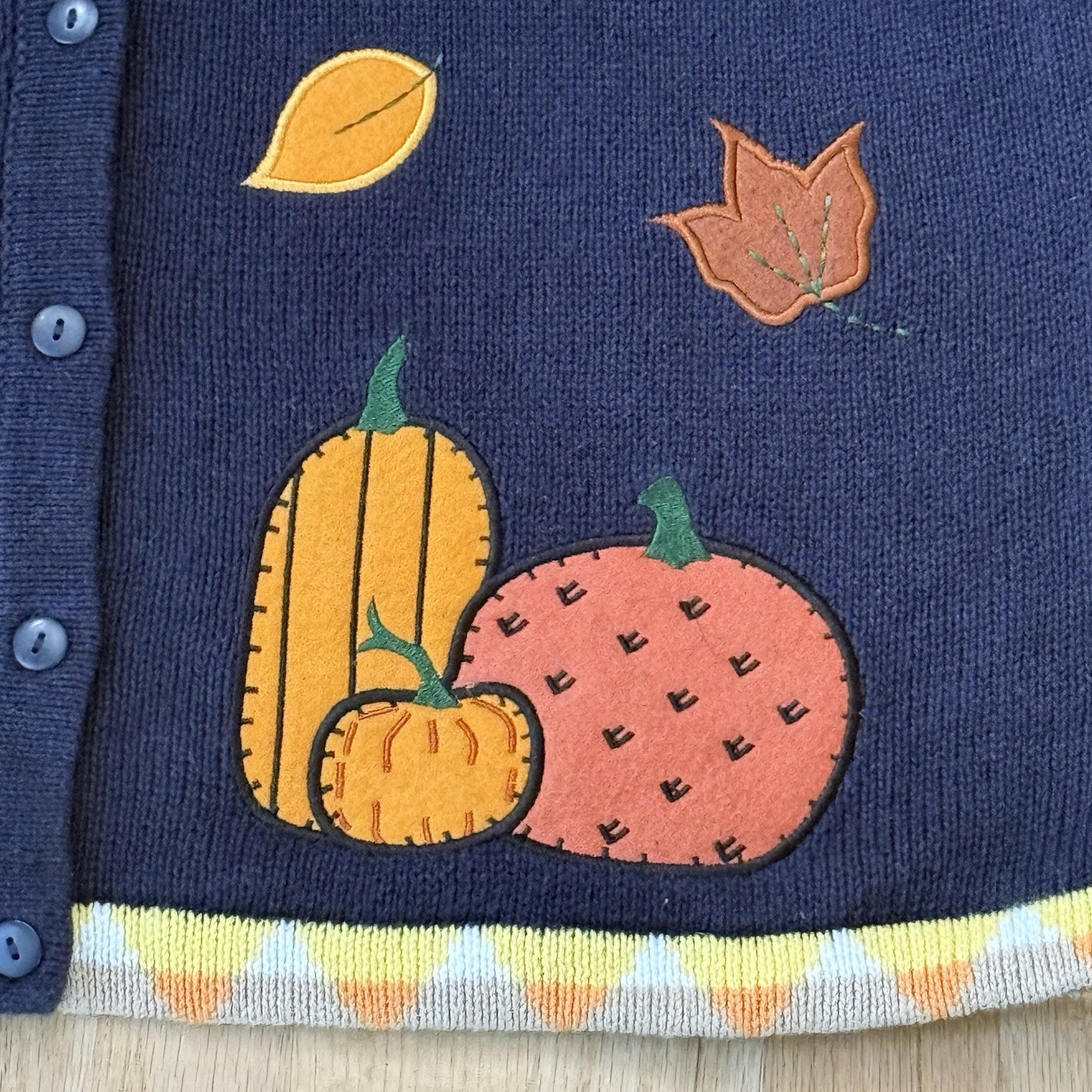 The Quacker Factory Cardigan Sweater Autumn Greetings Navy Blue Ramie Cotton Med