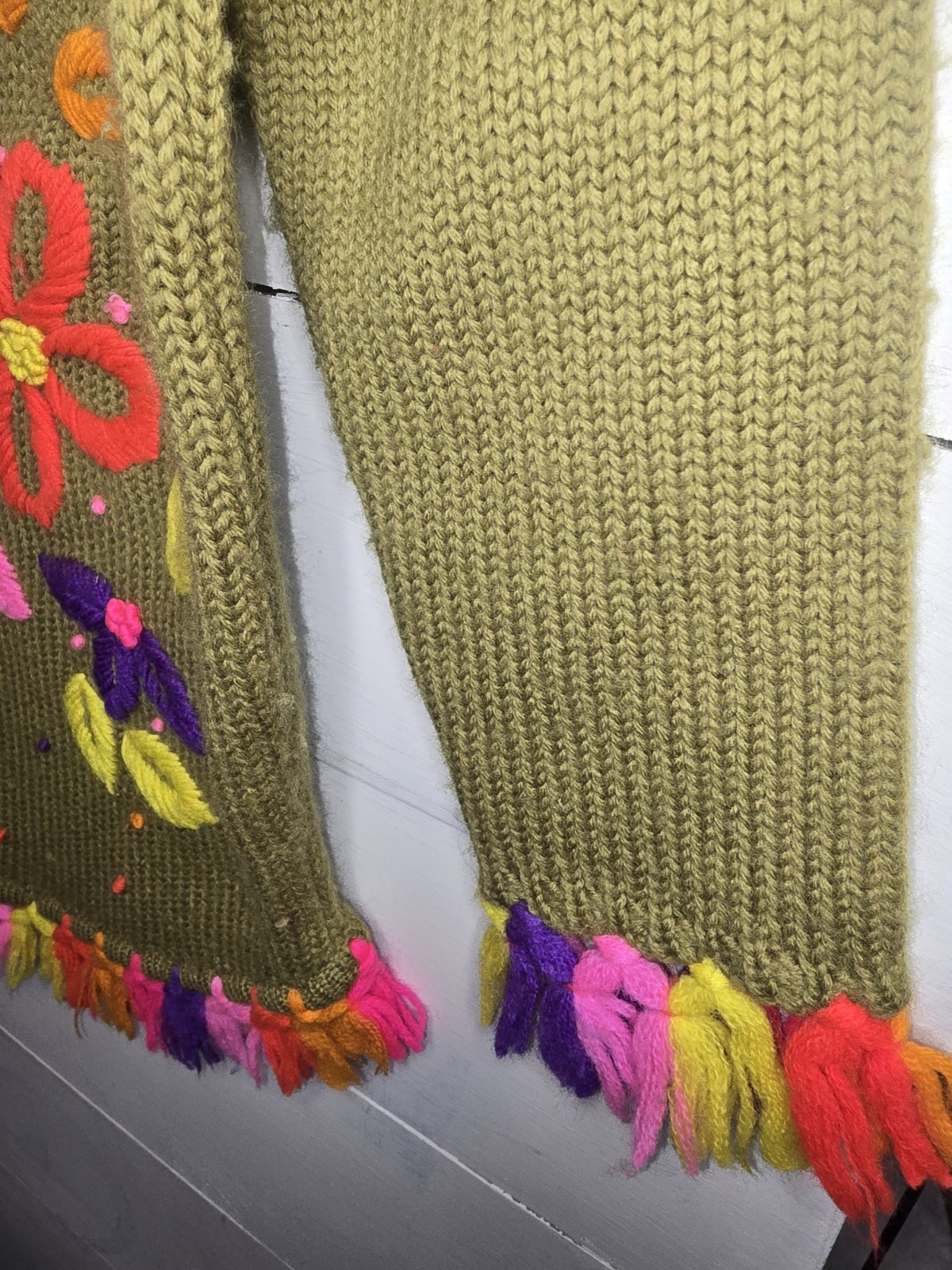 Vintage Phil Rose Pantsweater Floral Green 100% Wool Fringe