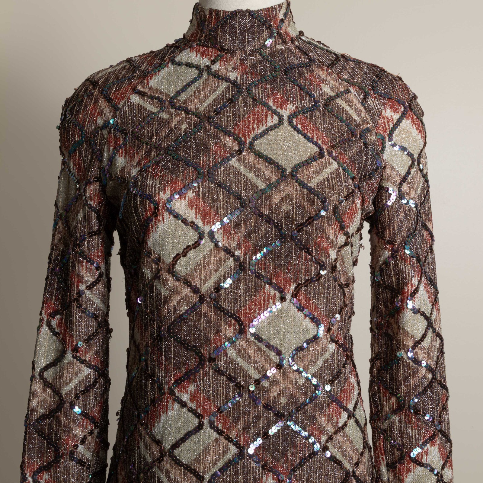 Vintage 70s Metallic Lurex Sequin Maxi Dress Mod Disco Glam Evening Gown