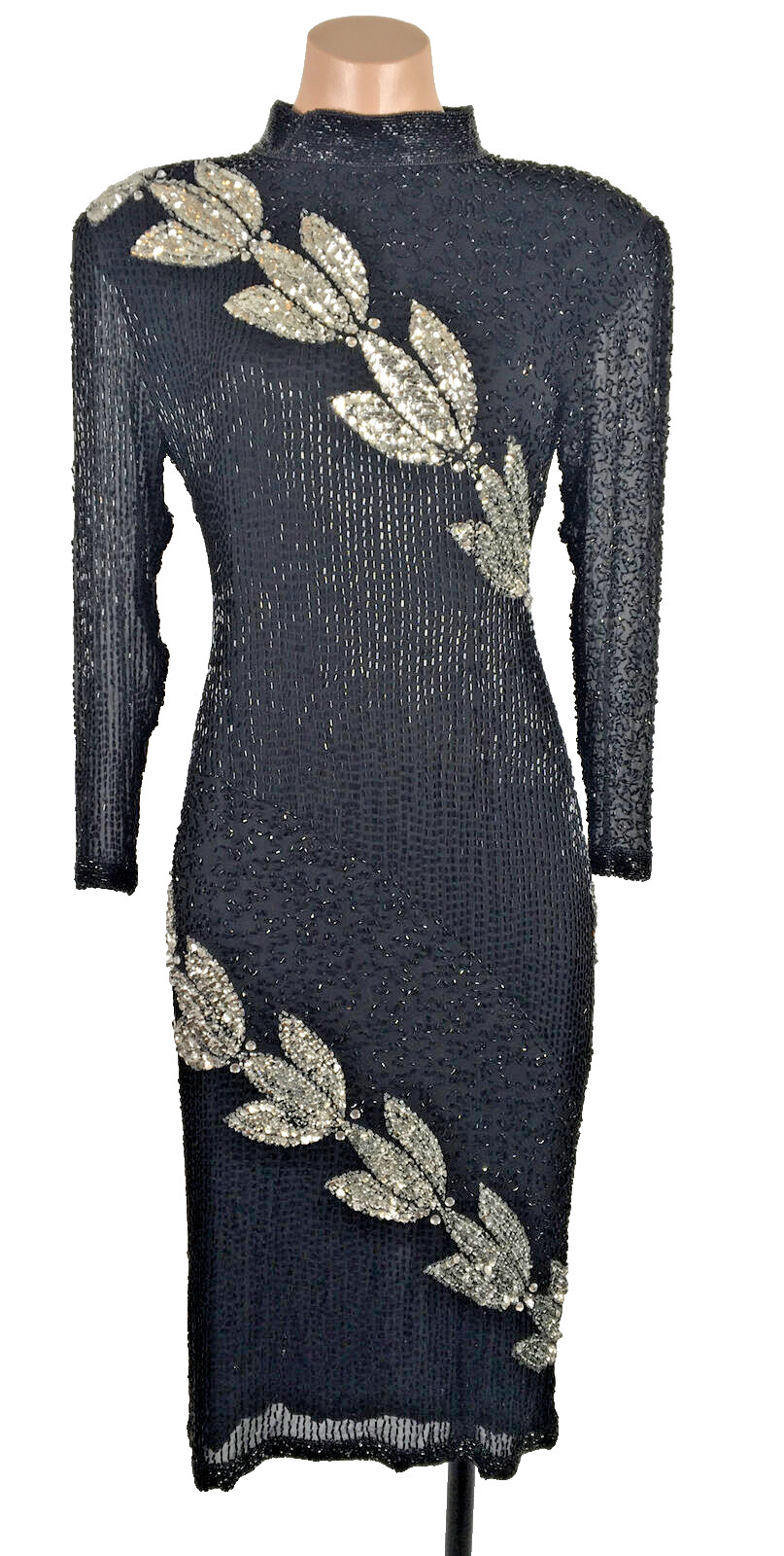 80s Silk Sequin Cut Out Dress Floral Beaded Long Sleeve By Sho Max sz M