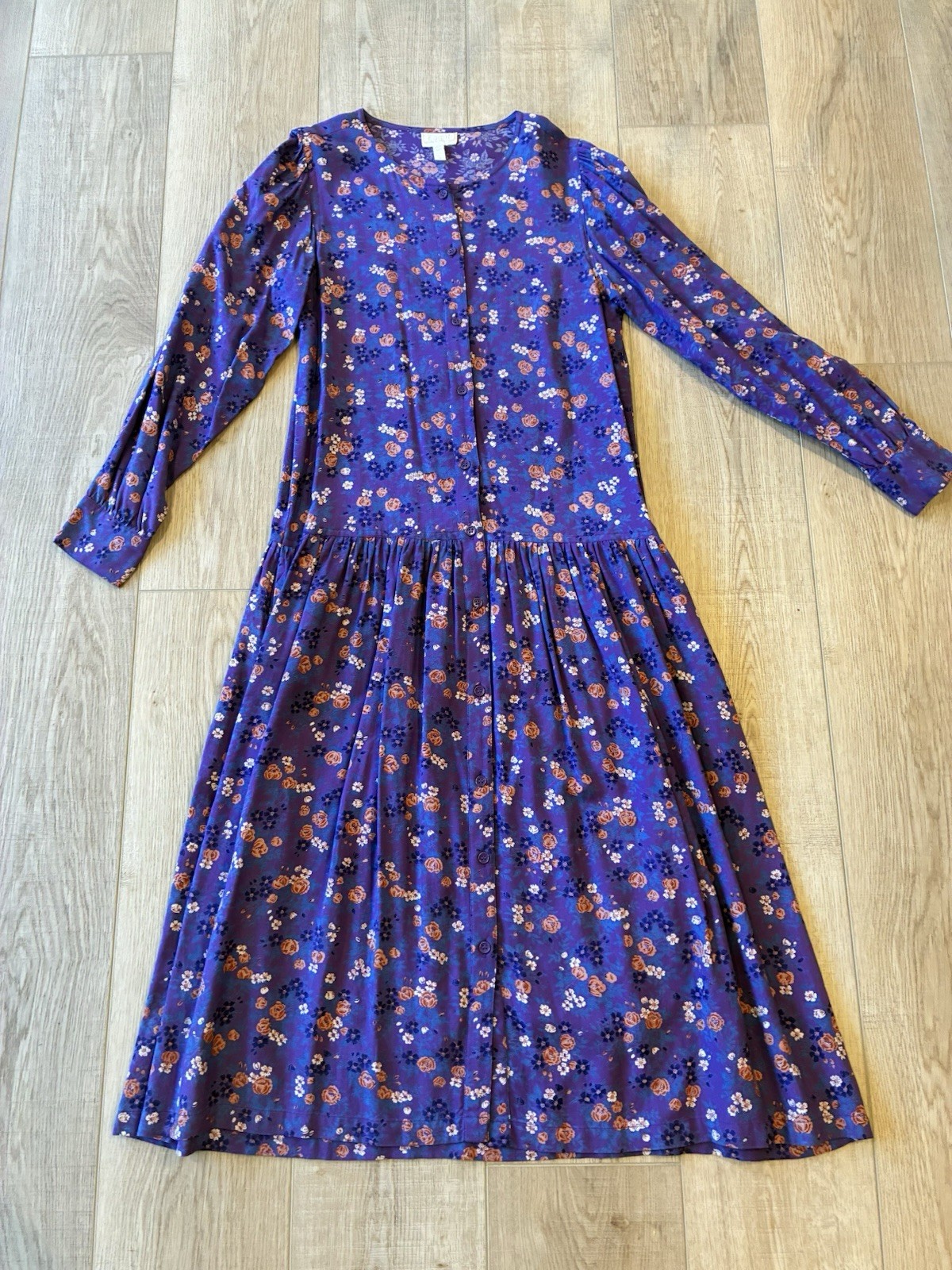 Vintage 1980s Komil Prairie Dress Purple Floral Cottage Small Rayon Button Up