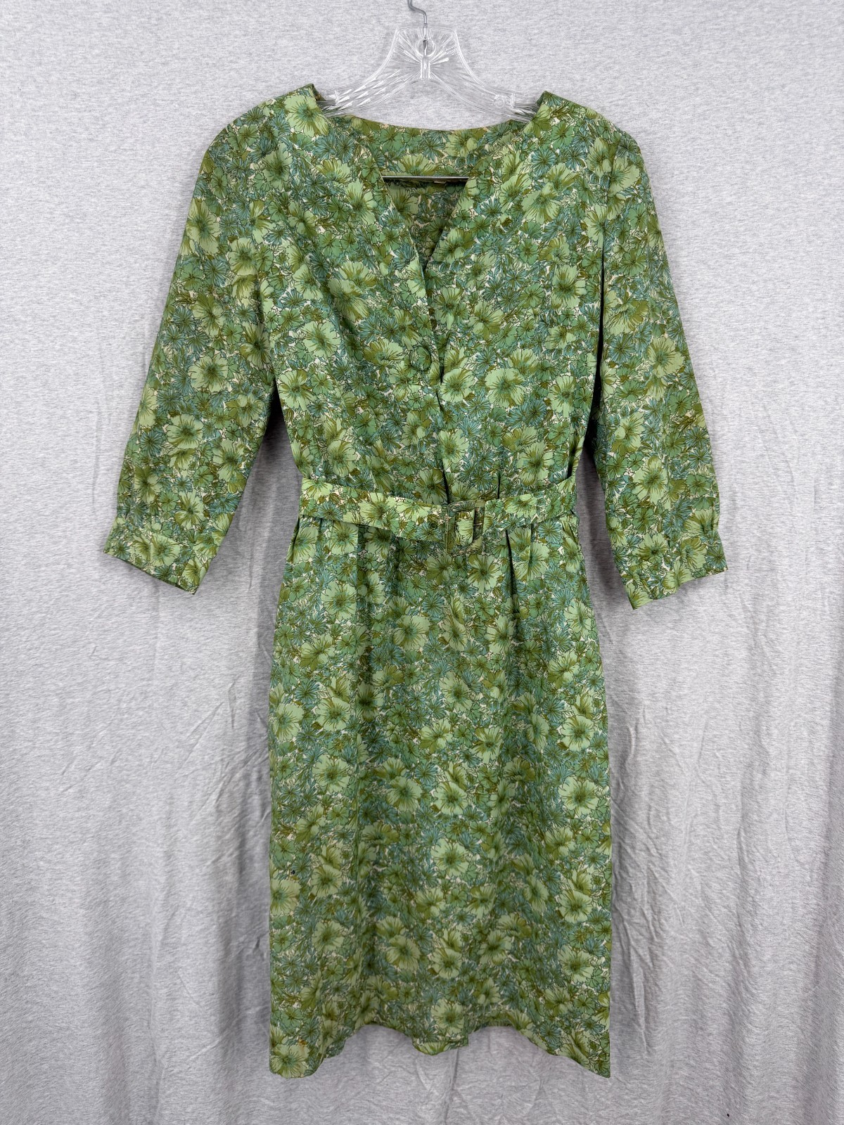 True Vintage 50s Floral Belted Blouson Dress Housewife Chic Green Brown