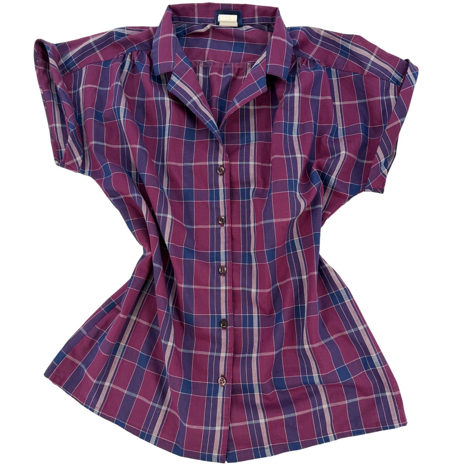 Vintage Plaid Short Sleeve Button Up Shirt Size 10 Purple Retro Minimalist