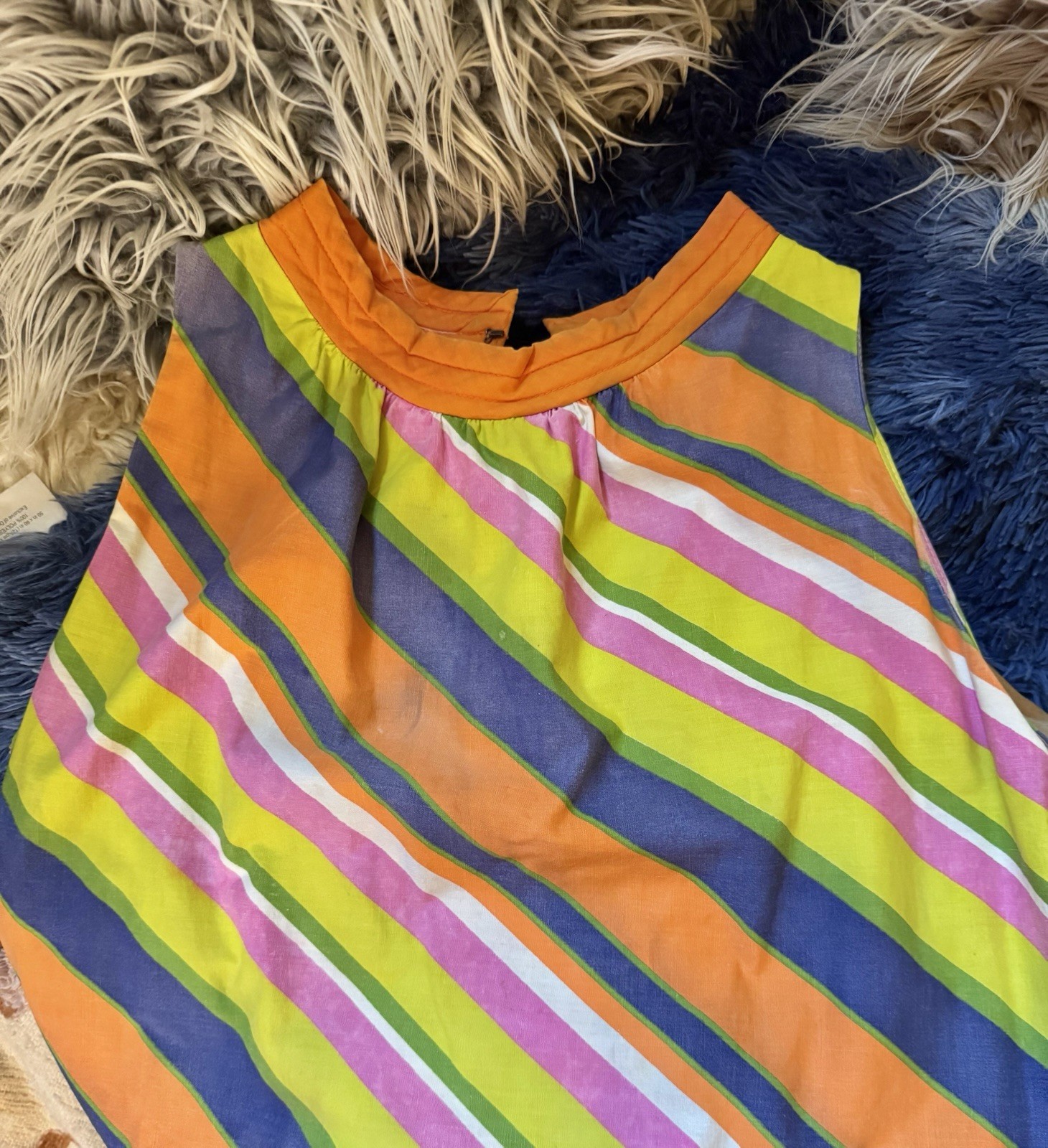 Vtg Stripe Tent A Line 60s Dress Quilted Collar Pocket Cotton XS S