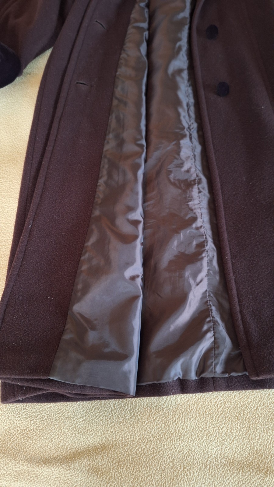 Halston Wool Hooded Coat In Chocolate Brown With Black Velvet Trim and Buttons.