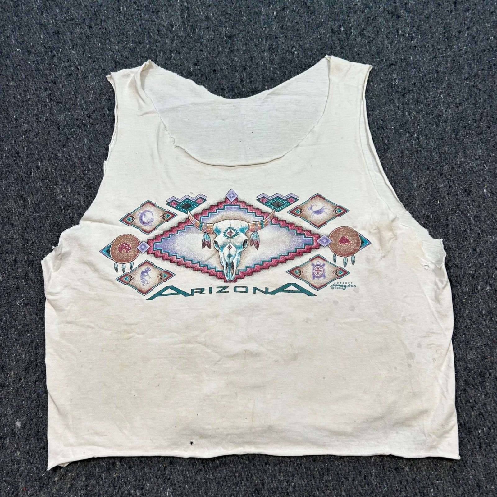 Arizona Desert Tank Top Sz L Womens White Grunge 94 VTG Bull Skull Crop Thrashed