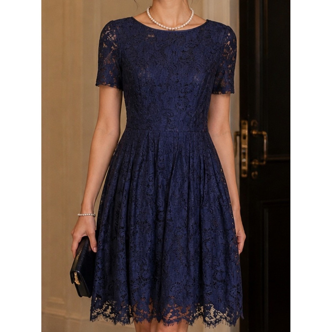Vintage Nipon Boutique Lace Fit & Flare Dress | Navy Blue | Romantic | Size 4