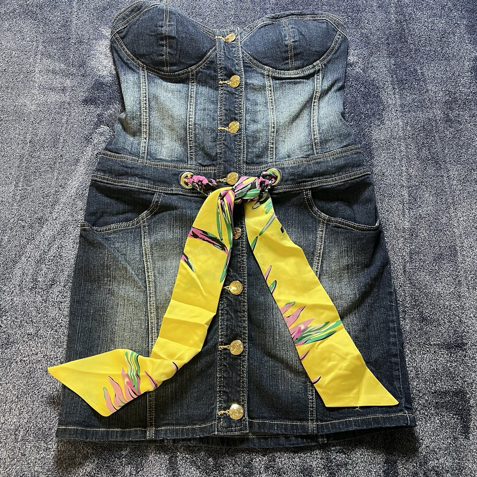 Vintage RARE Baby Phat Denim Corset Dress w/ Scarf Belt Blue Jean Bustier L
