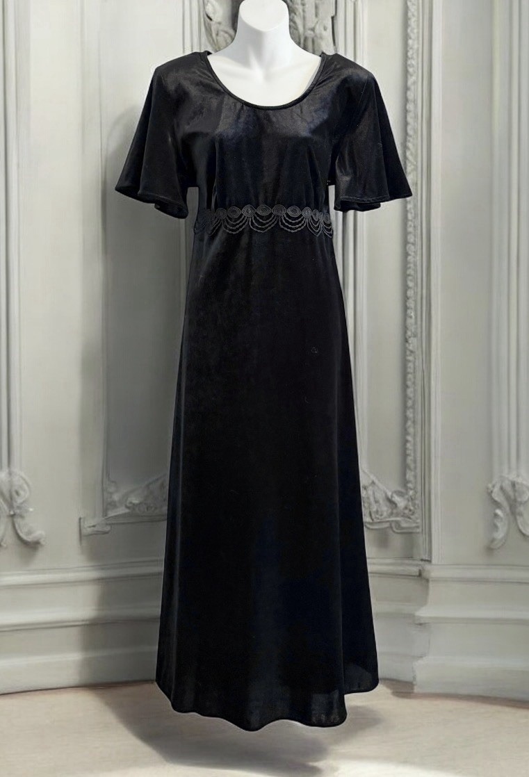 Vtg MOLLY MALLOY Velvet Dress 14 Whimsygoth Black Lace Maxi Grunge Short Sleeve