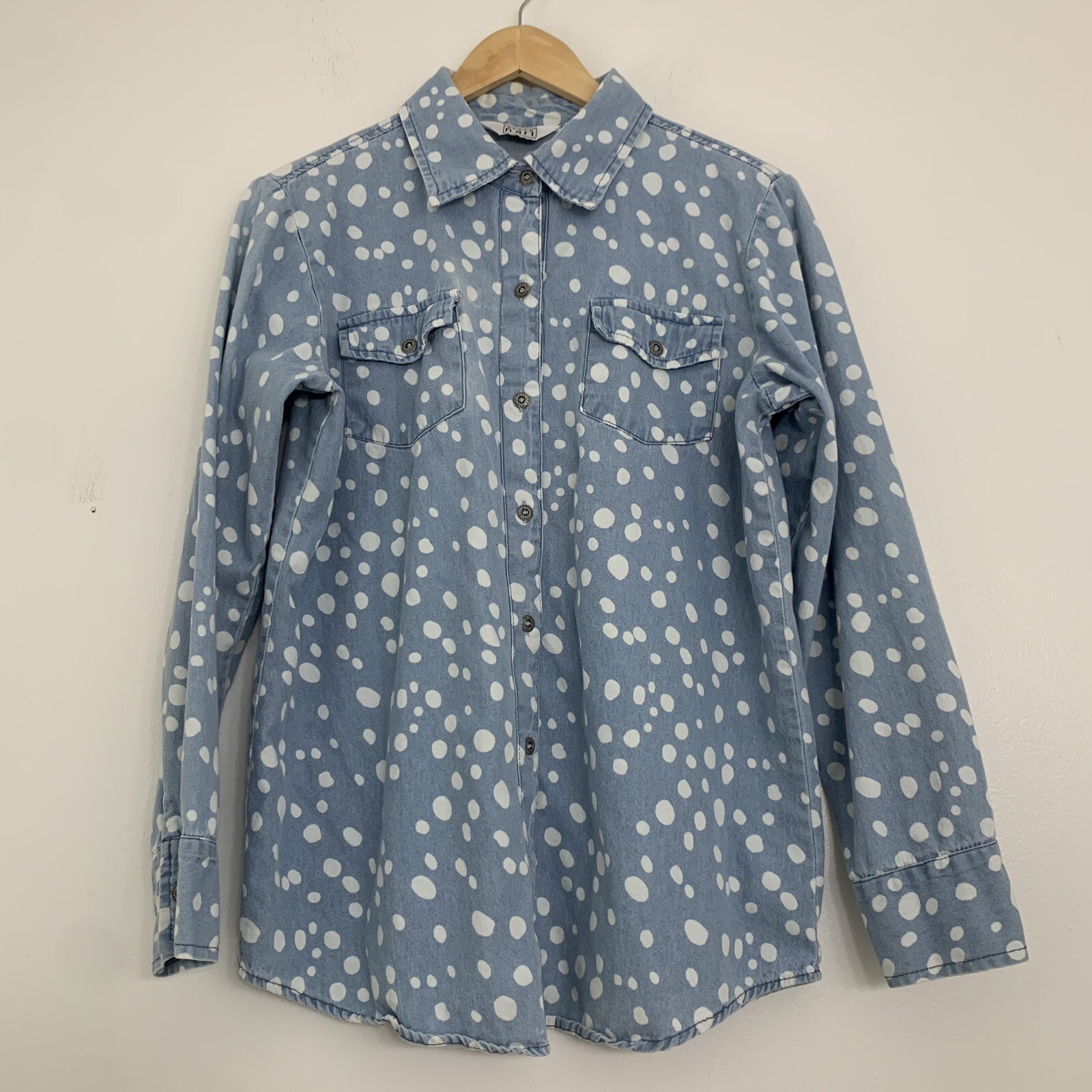 Vintage 90s Keren Hart Womens Medium Light Wash Denim Shirt White Polka Dot