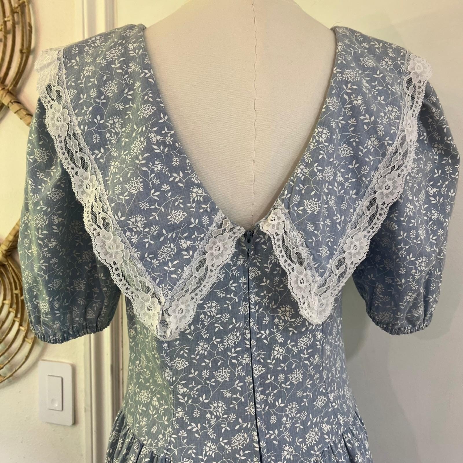 Vintage Maggie Lawrence Blue Floral Cotton Lace Collar Prairie Midi Dress 11/12