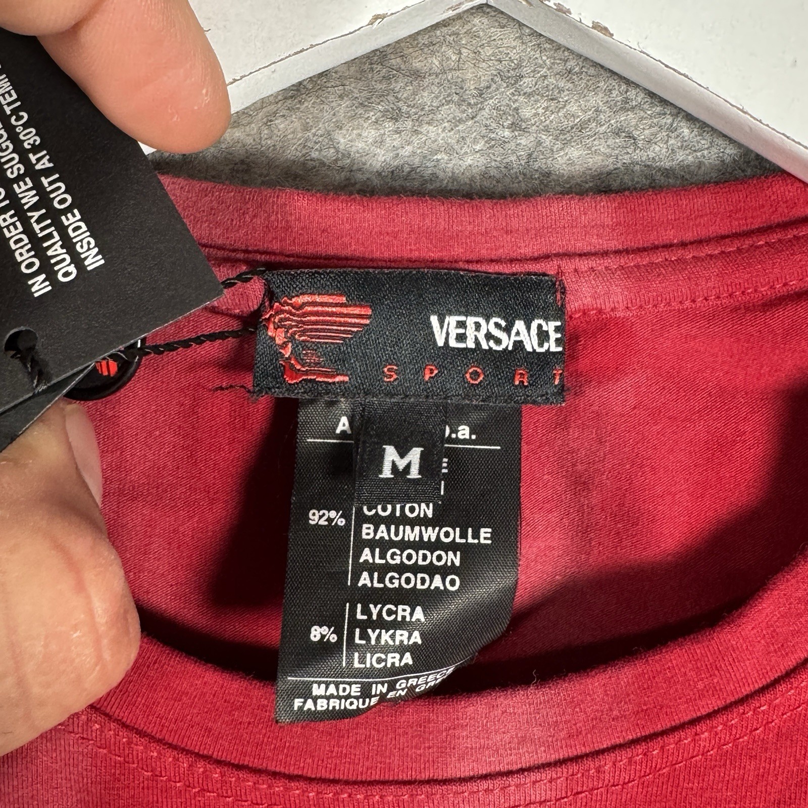 Vintage Y2K NWT Womens Versace Sport Logo Red Graphic T Shirt Size M 17×23