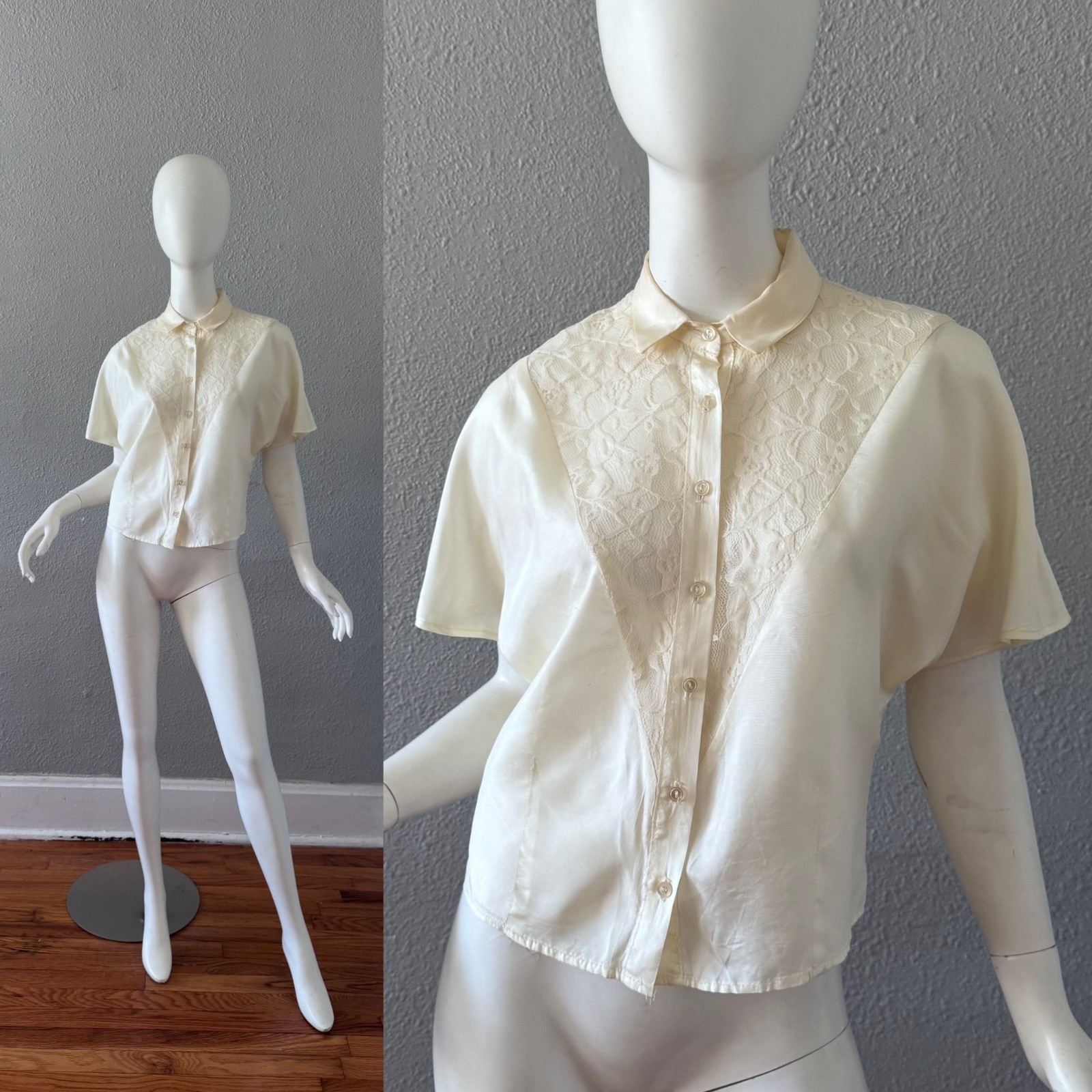 Vintage 70s Ivory Lace Button Dolman Sleeve Crop Top Blouse L
