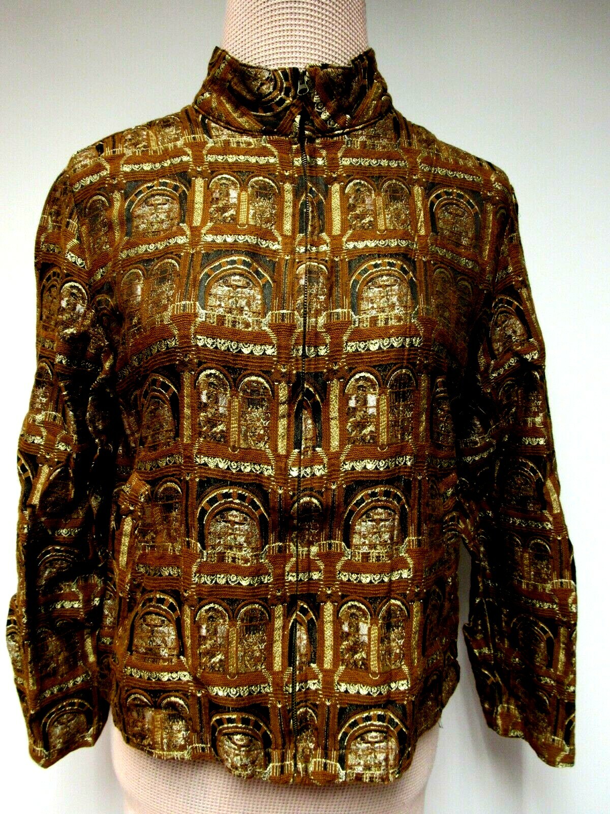 VTG CHICO’S Silk Blend Mandarin Jacket Top Tapestry Windows Brown Black 1 M EUC