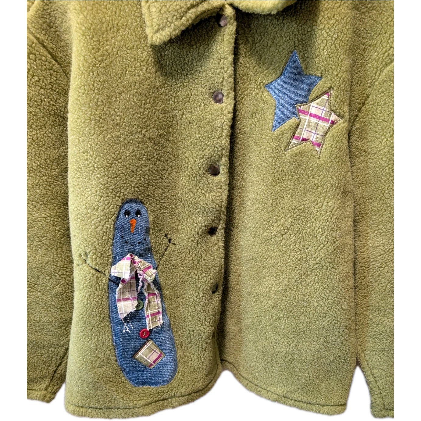 VTG 90s REAL Comfort L Green Sherpa Fleece Jacket Coat Snowman Star Applique