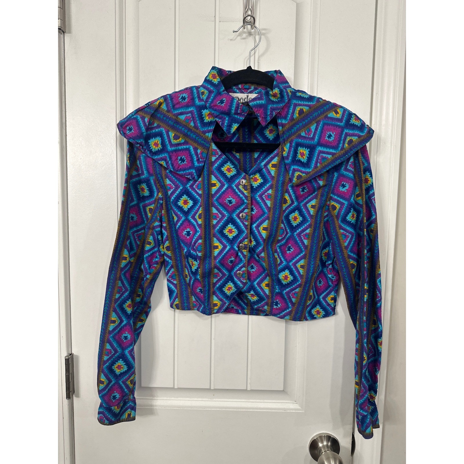 Vintage Rodeo Western Wear Womens Cropped Southwestern Geometric Shirt Purple M