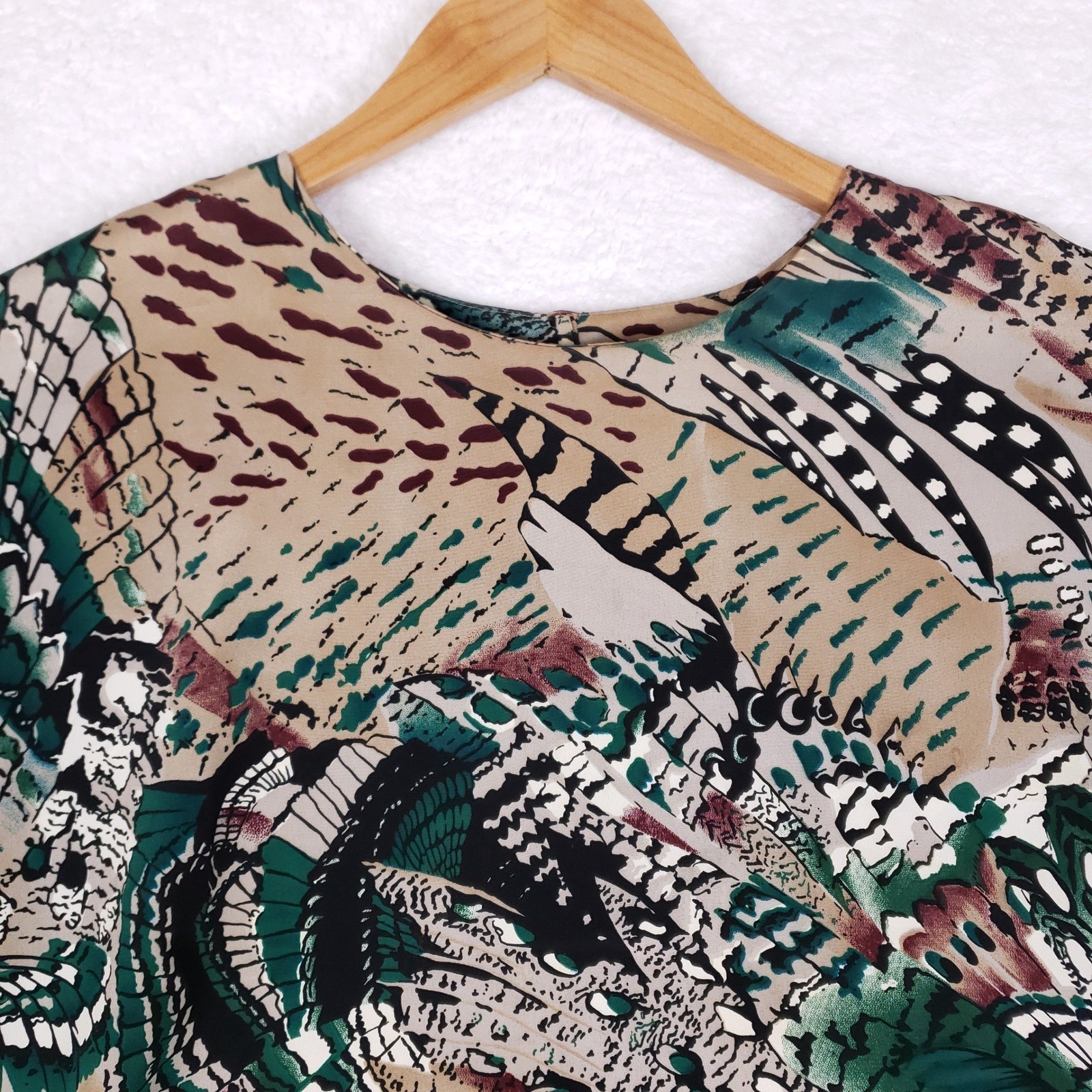 Vintage Caviar 80s Abstract Feather Print Boxy Blouse Green Tan Size L USA Made