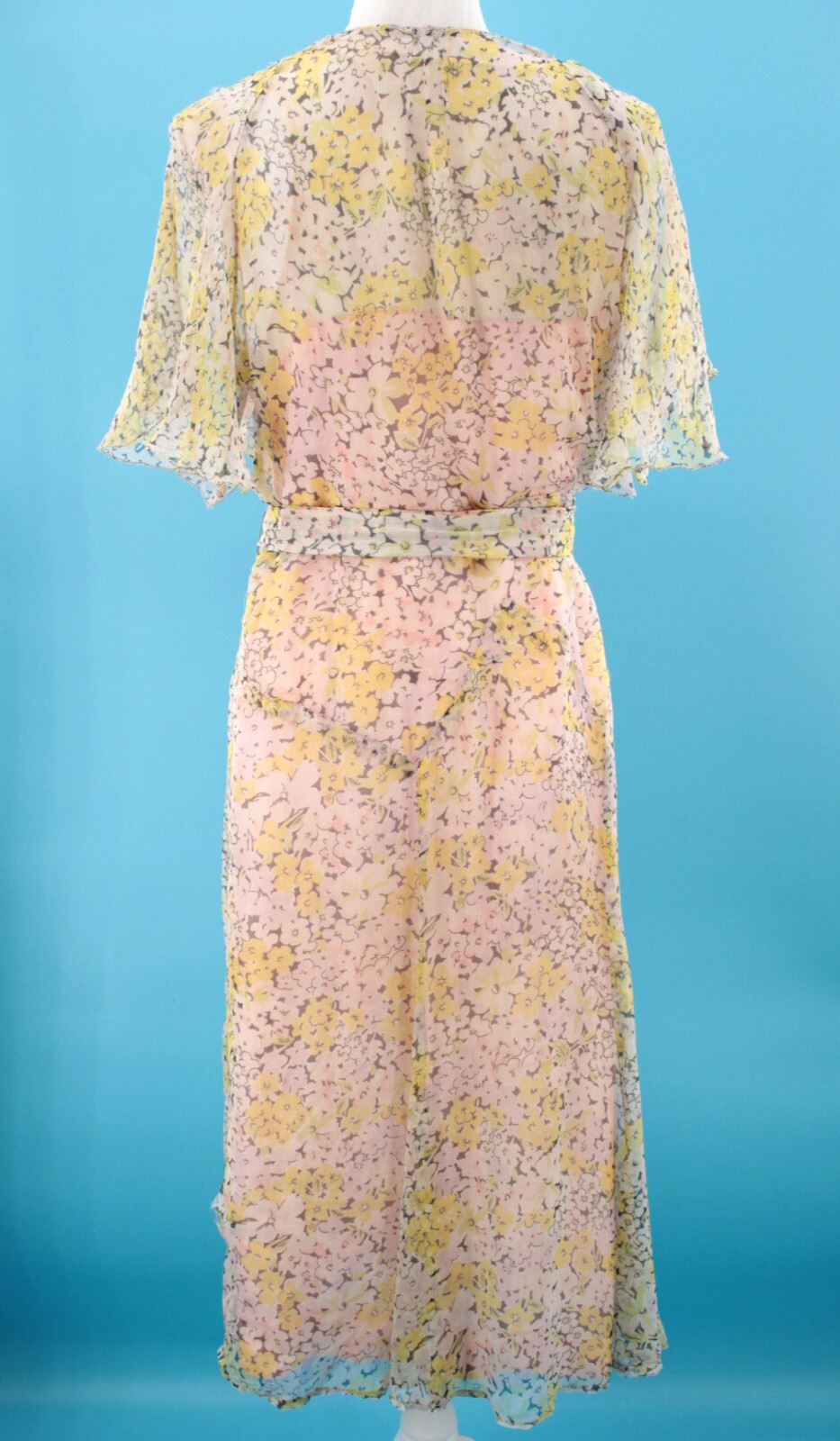 Vtg Women’s 30s Sheer Cream & Yellow Floral Pink Lining Chiffon Dress M/L 1930s