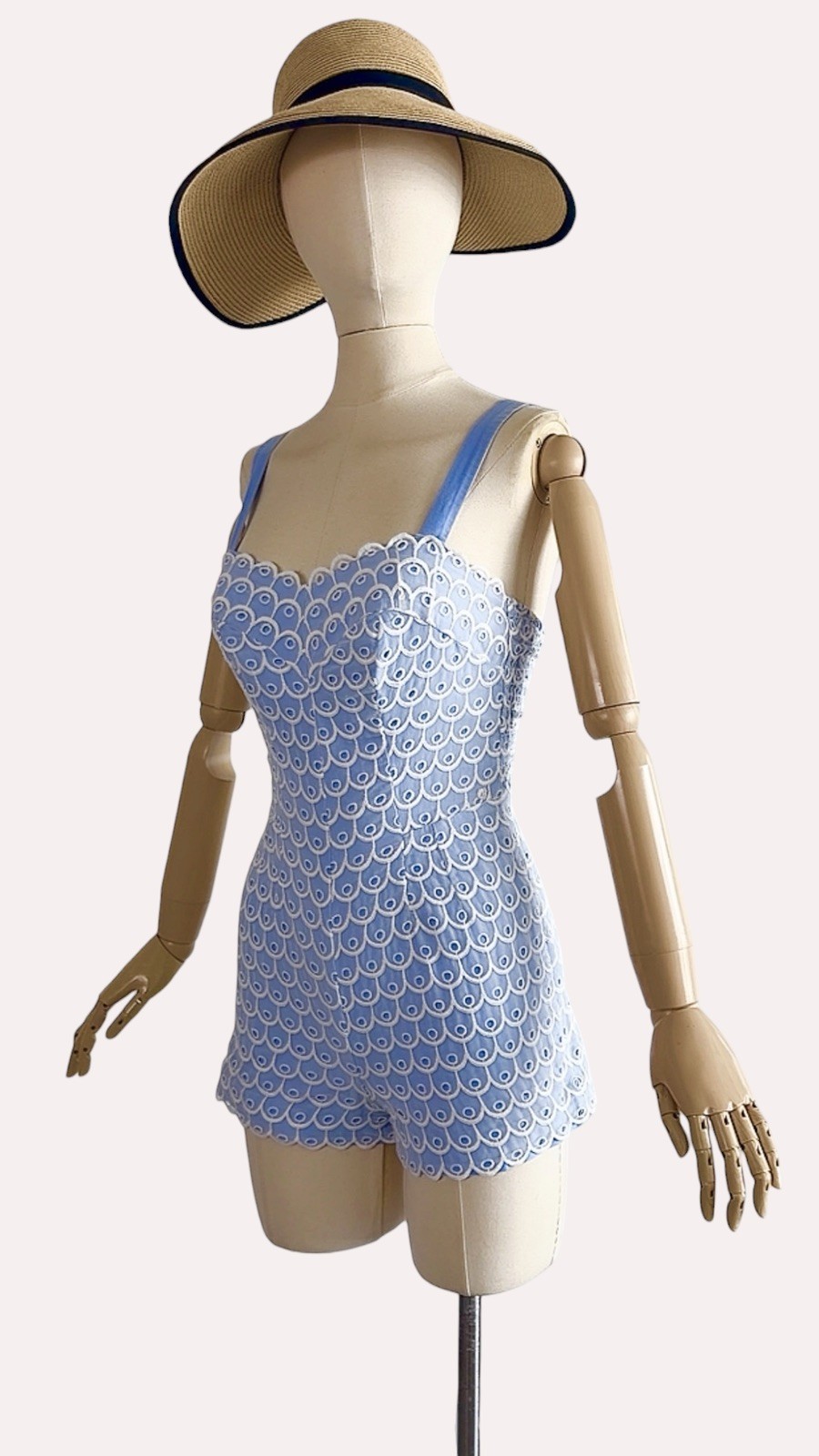 Documented Vintage 1950s JANTZEN Pinup Blue Romper Playsuit Embroidered Eyelet
