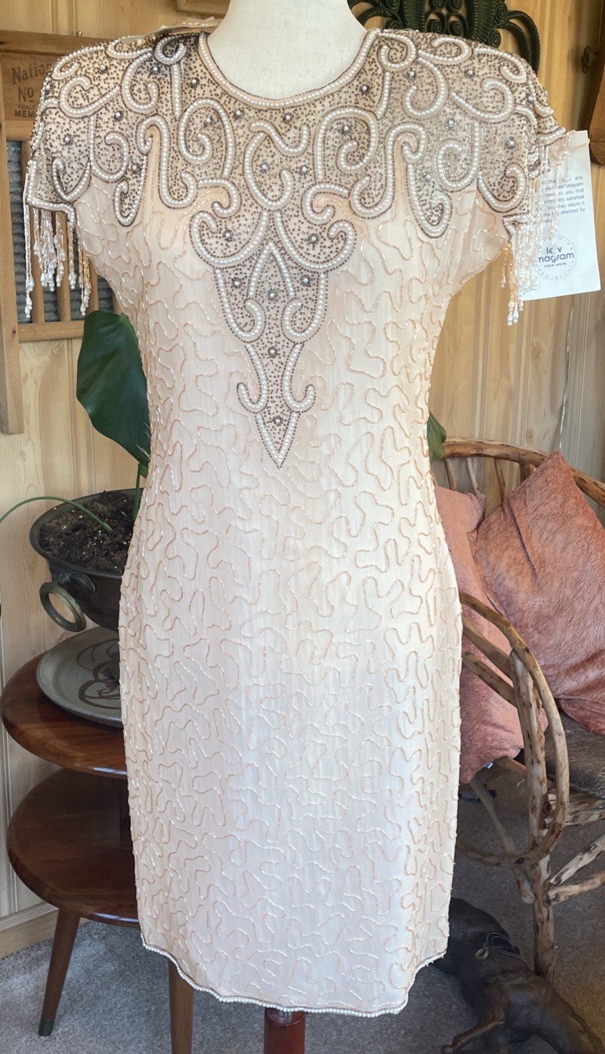 VTG Lew Magram Silk Peach Beaded Dress Mob Wife 80s Golden Girls Shoulder Pads M
