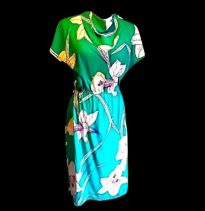 VTG 70s Soft Jersey Semi Fitted Bright Florals Midi Beach, Poolside Dress S