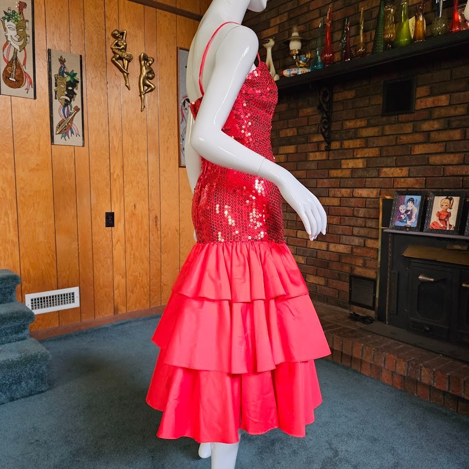 Vtg 80s Alyce New Wave Prom Drop Waist Mermaid Sequin Flamenco Party Dress S/M