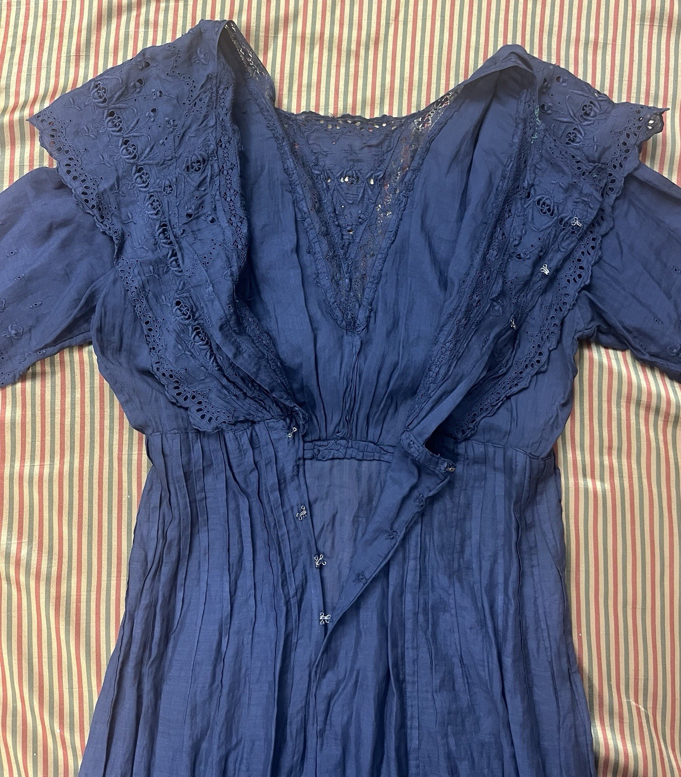 Antique Edwardian Black Cotton Dress Embroidered Eyelet Lace Sz XXS