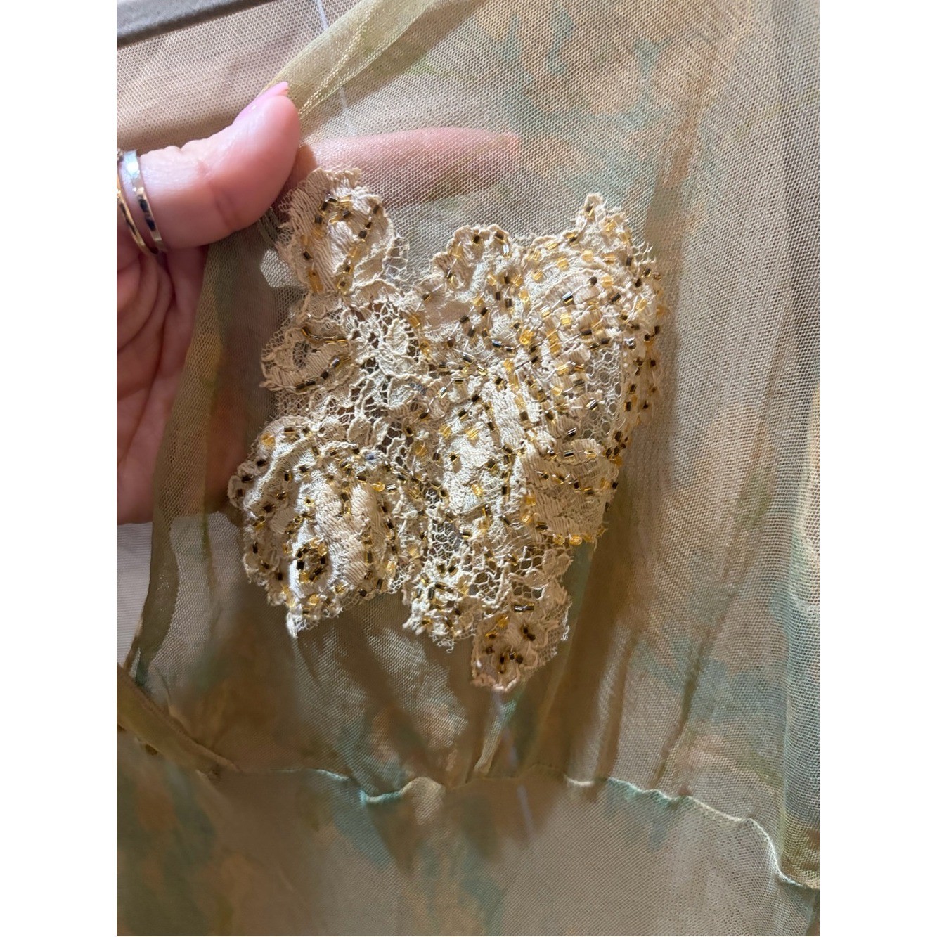 Vintage Y2K Hale Bob Beaded Lace Blouse Sheer Mesh Sage Green Gold Sequin Top L