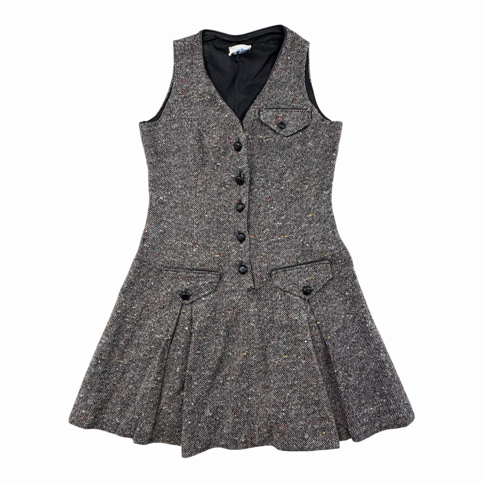VTG 70s College Town Tweed Waistcoat Dress Pleated Jumper Core Academic XXS XS